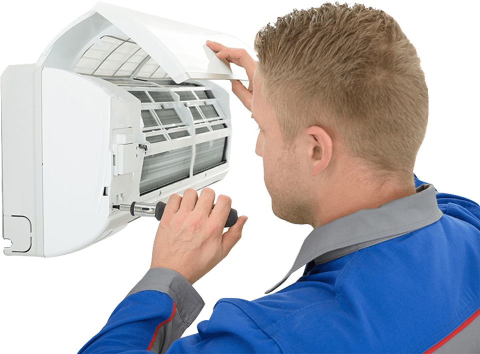 Technician Repairing Open Wall Mounted Air Conditioner With Screwdriver Air Conditioning PNG Graphic