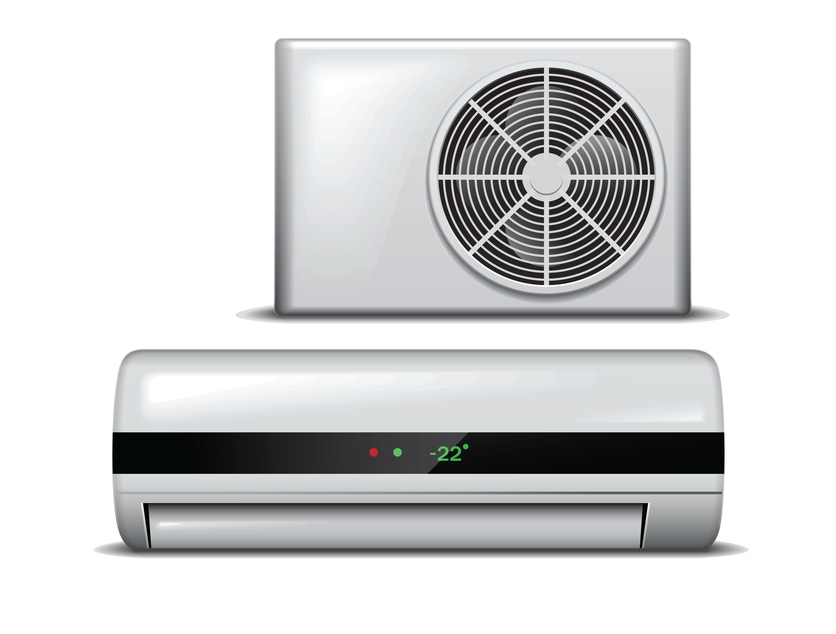 White Split Air Conditioner Indoor Unit With Outdoor Condenser Behind Transparent Background PNG Image