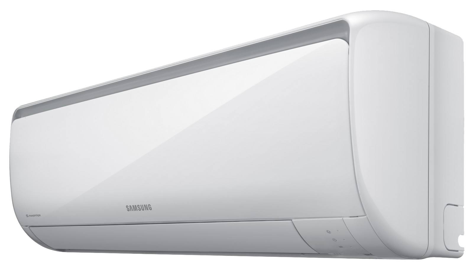 White Wall Mounted Air Conditioner Product View With Curved Side Housing Air Conditioner PNG Illustration