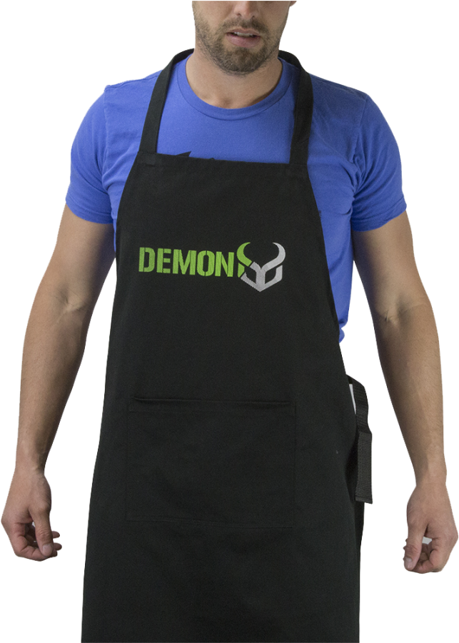 Man Wearing Black Work Apron With Green Logo Over Blue Shirt Apron PNG Illustration