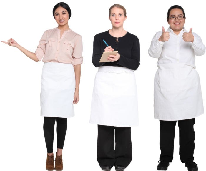 Three Women Wearing White Kitchen Aprons In A Clean Studio Transparent Background PNG Image