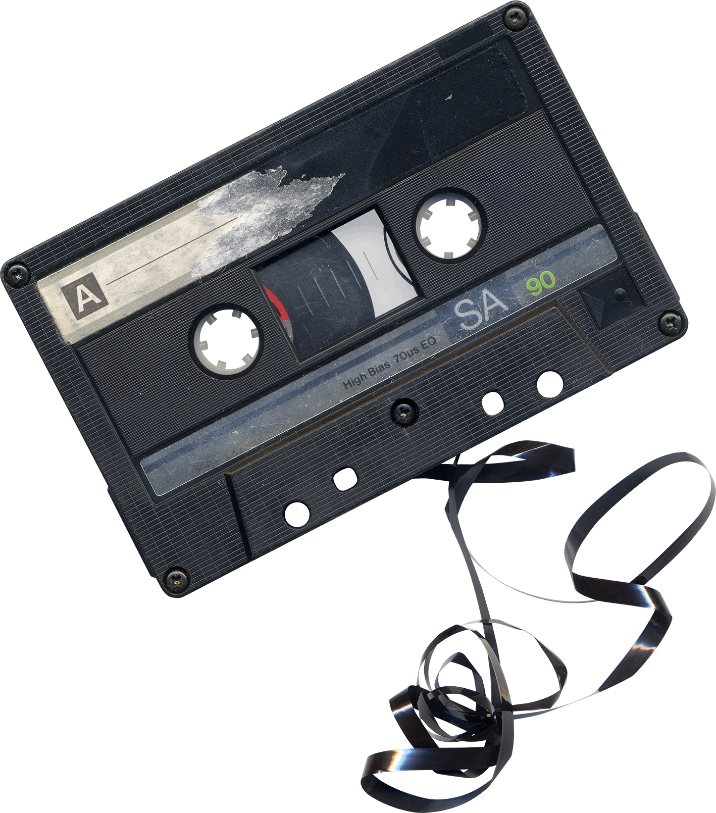 Black Audio Cassette With Tangled Headphone Cable And Loose Wire Transparent Background PNG Image