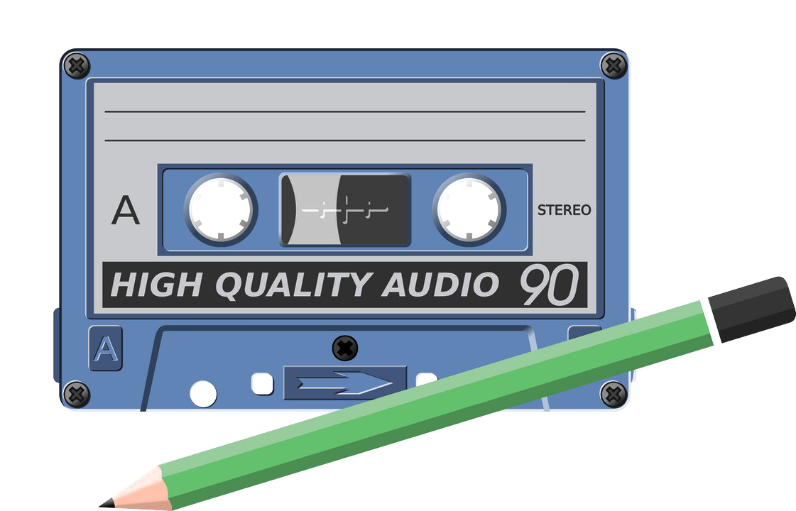 Blue High Quality Audio Cassette Tape With Pencil And Label Retro Music Transparent PNG