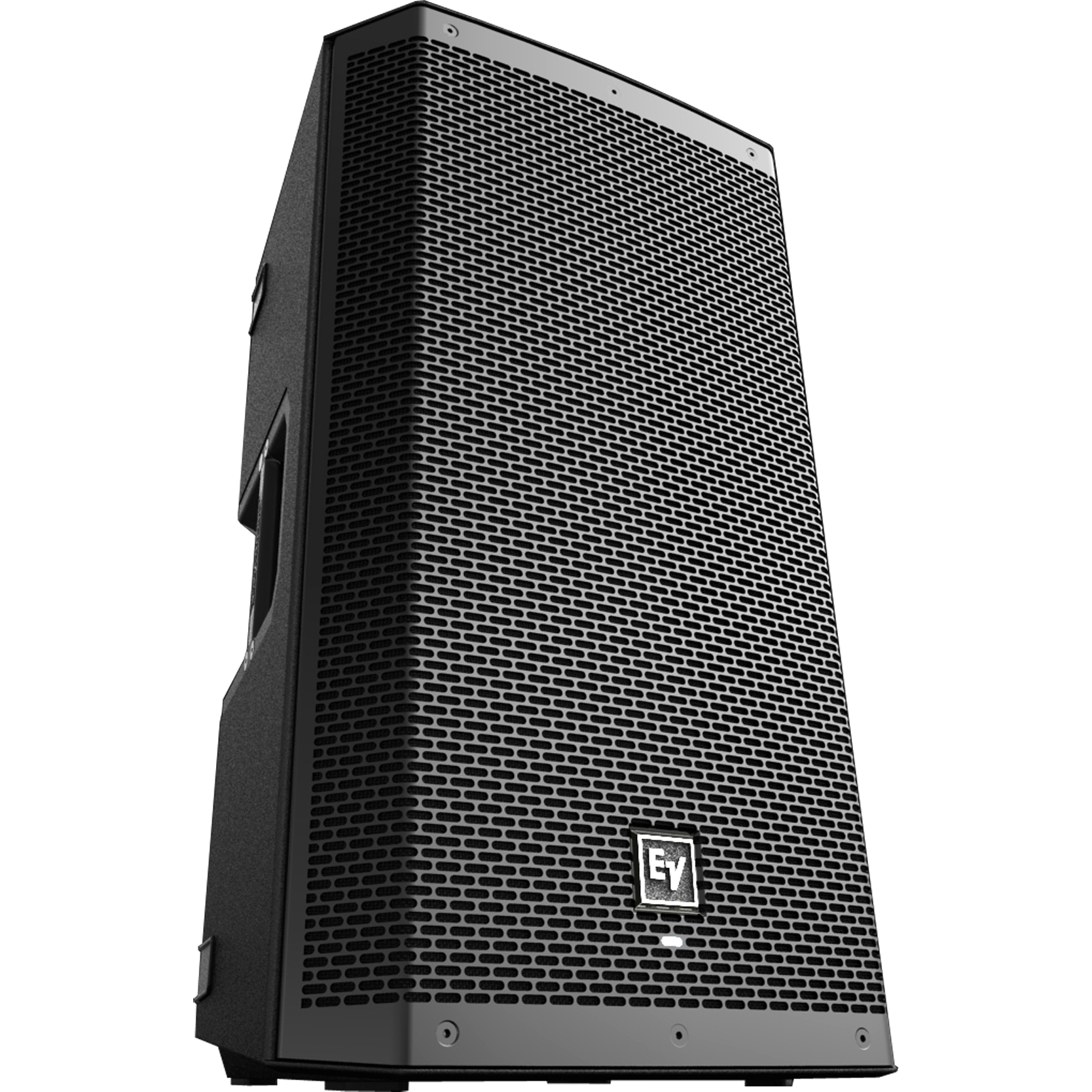 Black PA Loudspeaker Cabinet Shown From Side With Textured Front Mesh Transparent Background PNG Image