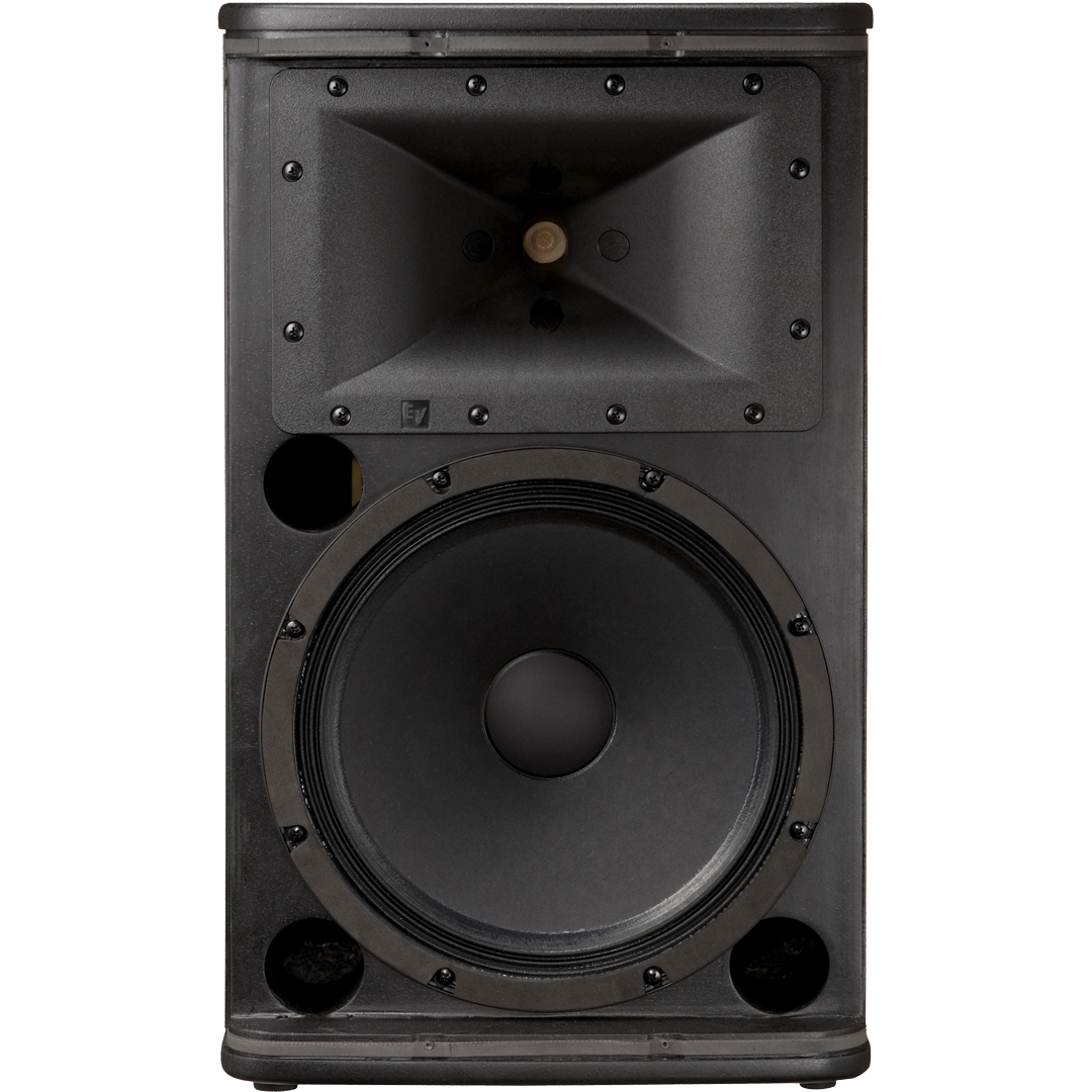 Black Professional PA Speaker Cabinet With Horn And Deep Bass Woofer Isolated Loudspeaker PNG Image