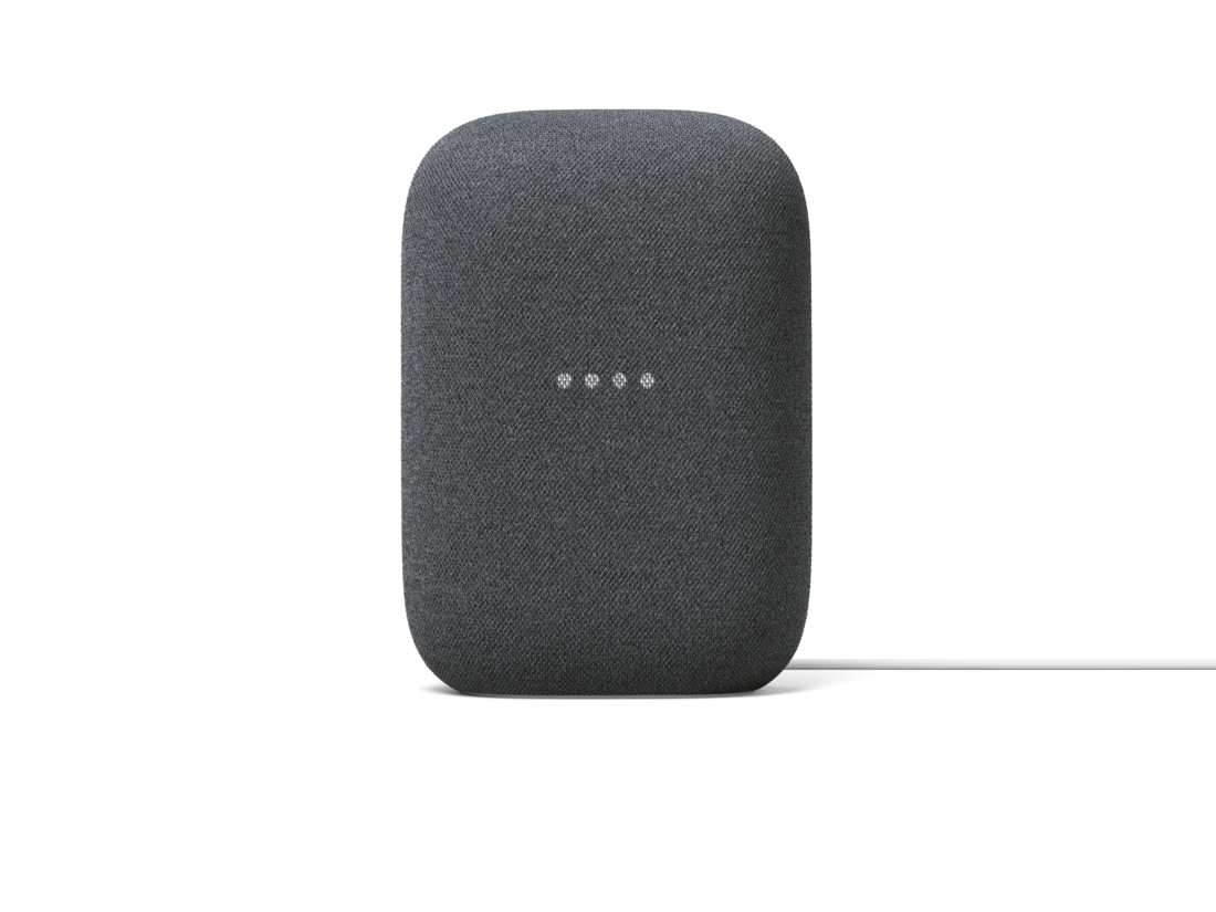 Compact Black Smart Home Speaker With Rounded Rectangular Mesh Body Transparent Background PNG Image