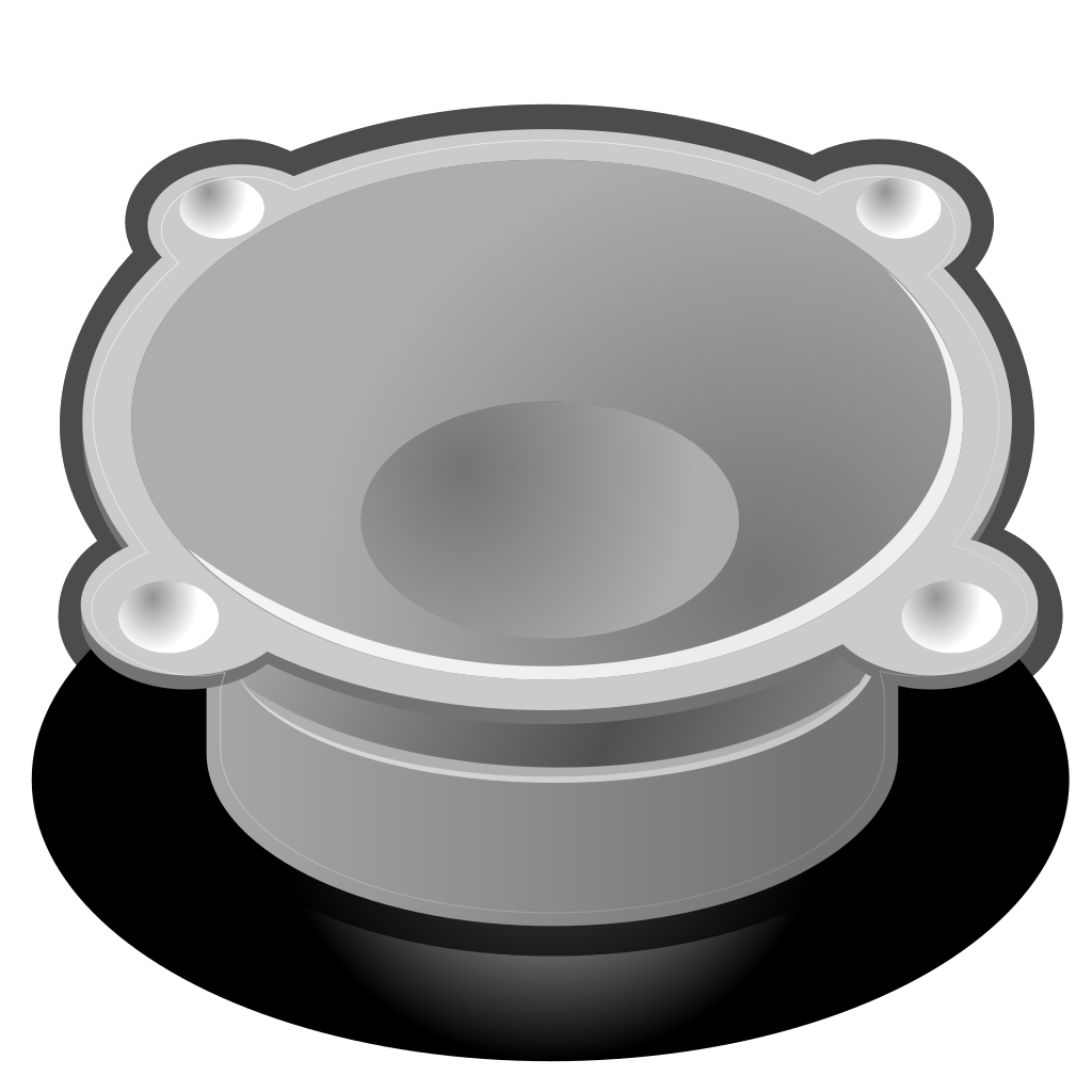 Gray Cartoon Loudspeaker Icon With Large Cone And Black Sound Base Speaker System PNG Graphic