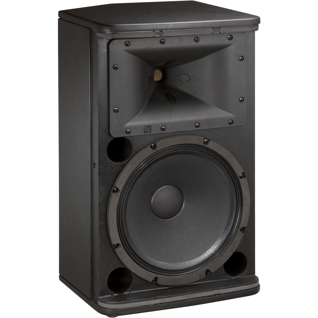 Large Black Professional PA Speaker Cabinet With Horn And Woofer Speaker System PNG Graphic