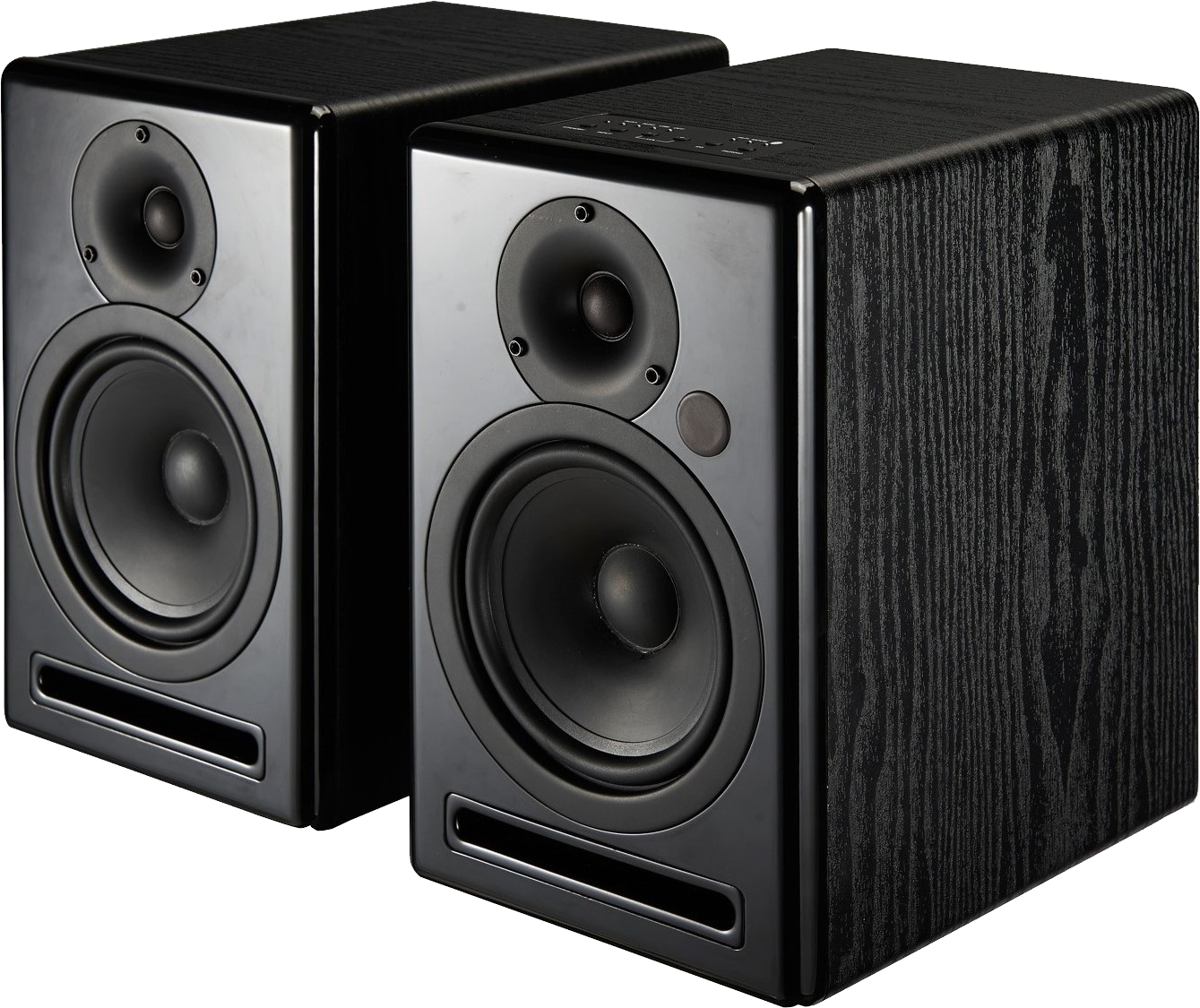 Pair Of Black Bookshelf Speakers With Multiple Drivers And Woodgrain Sides Transparent PNG Clipart