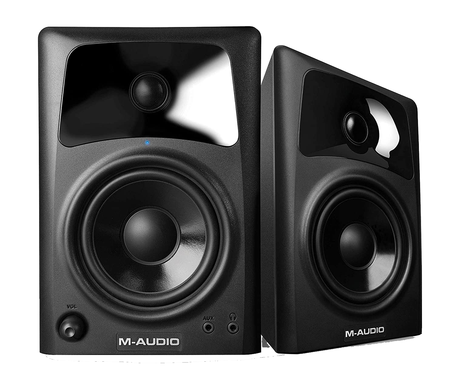Pair Of Black Horn Loaded Studio Monitor Speakers With Large Woofers Speaker PNG Illustration