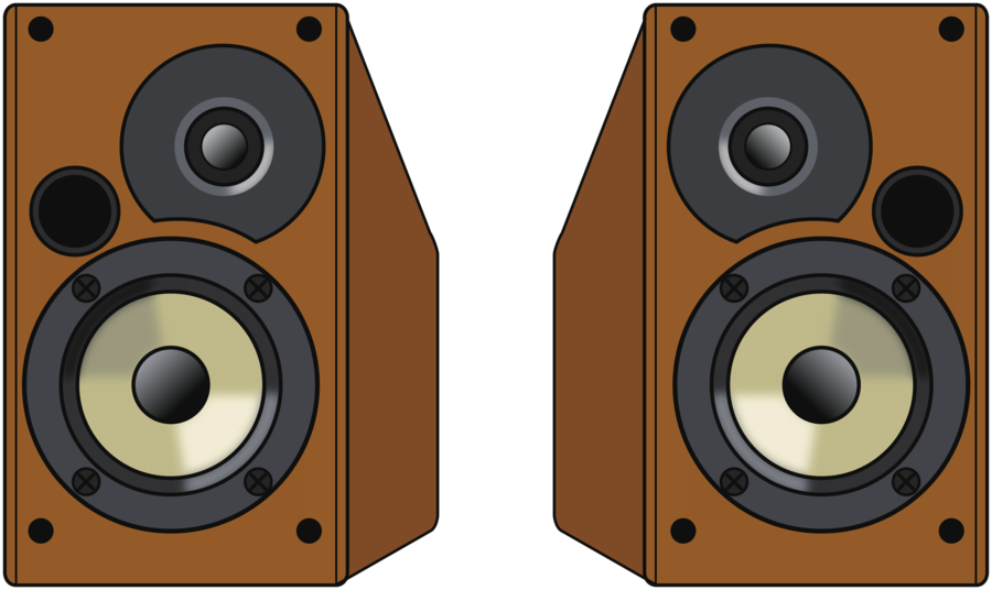 Pair Of Brown Wooden Bookshelf Speakers With Yellow And Black Drivers Speaker PNG Illustration