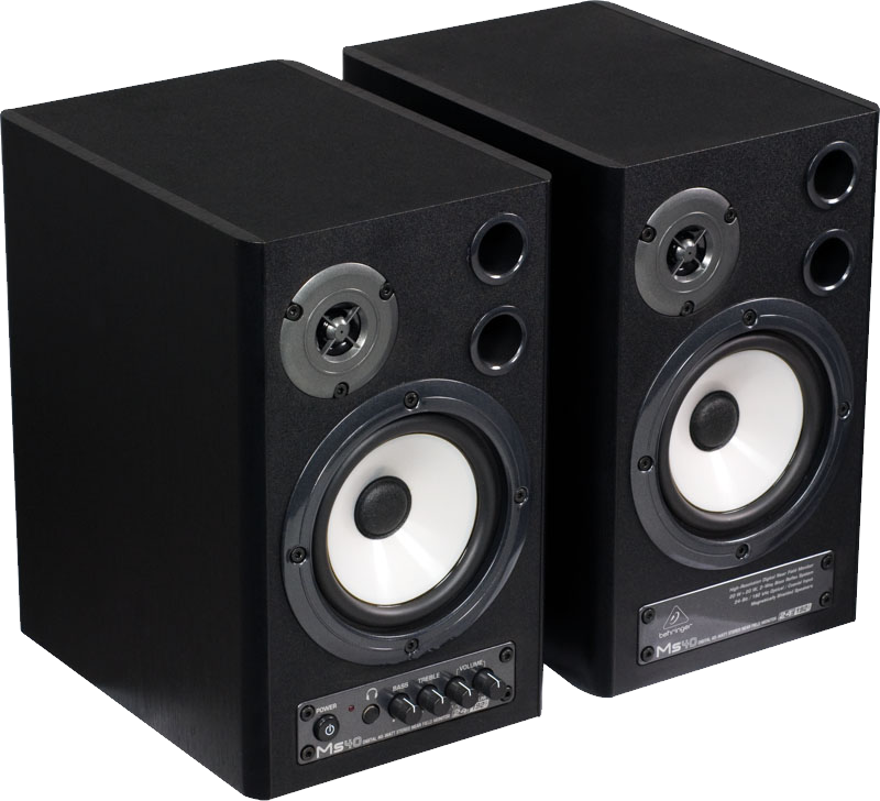 Pair Of Compact Black Stereo Speakers With White Cone Drivers Isolated Loudspeaker PNG Image