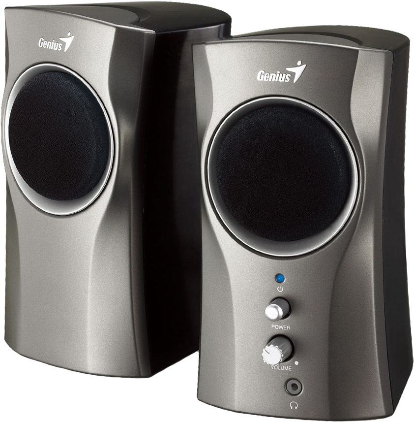 Pair Of Small Silver Multimedia Computer Speakers With Control Knobs Speaker System PNG Graphic