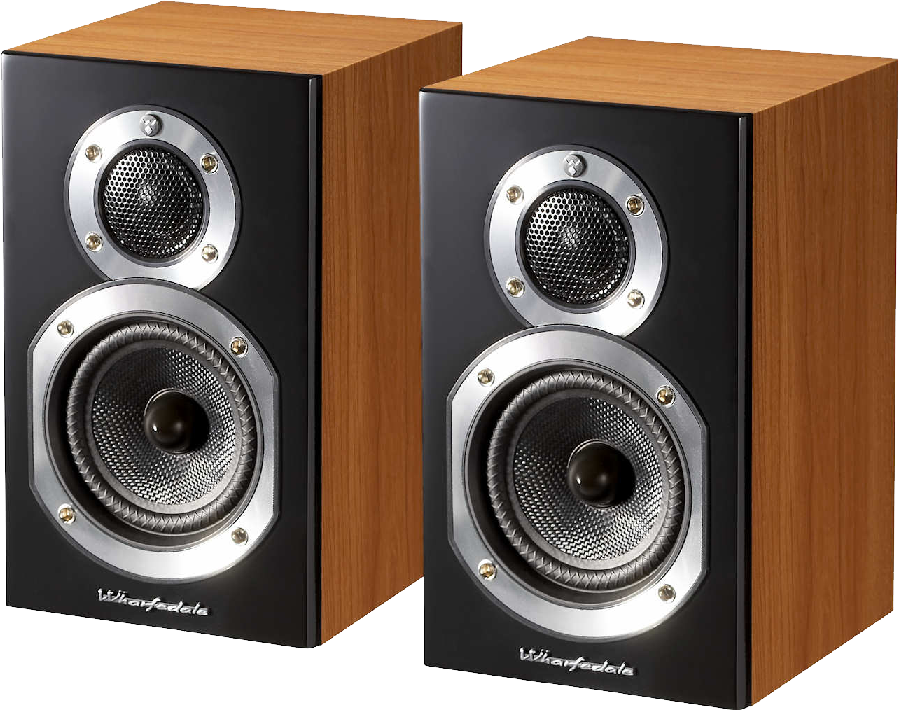 Pair Of Wooden Bookshelf Speakers With Silver Cones And Black Trim Speaker System PNG Graphic