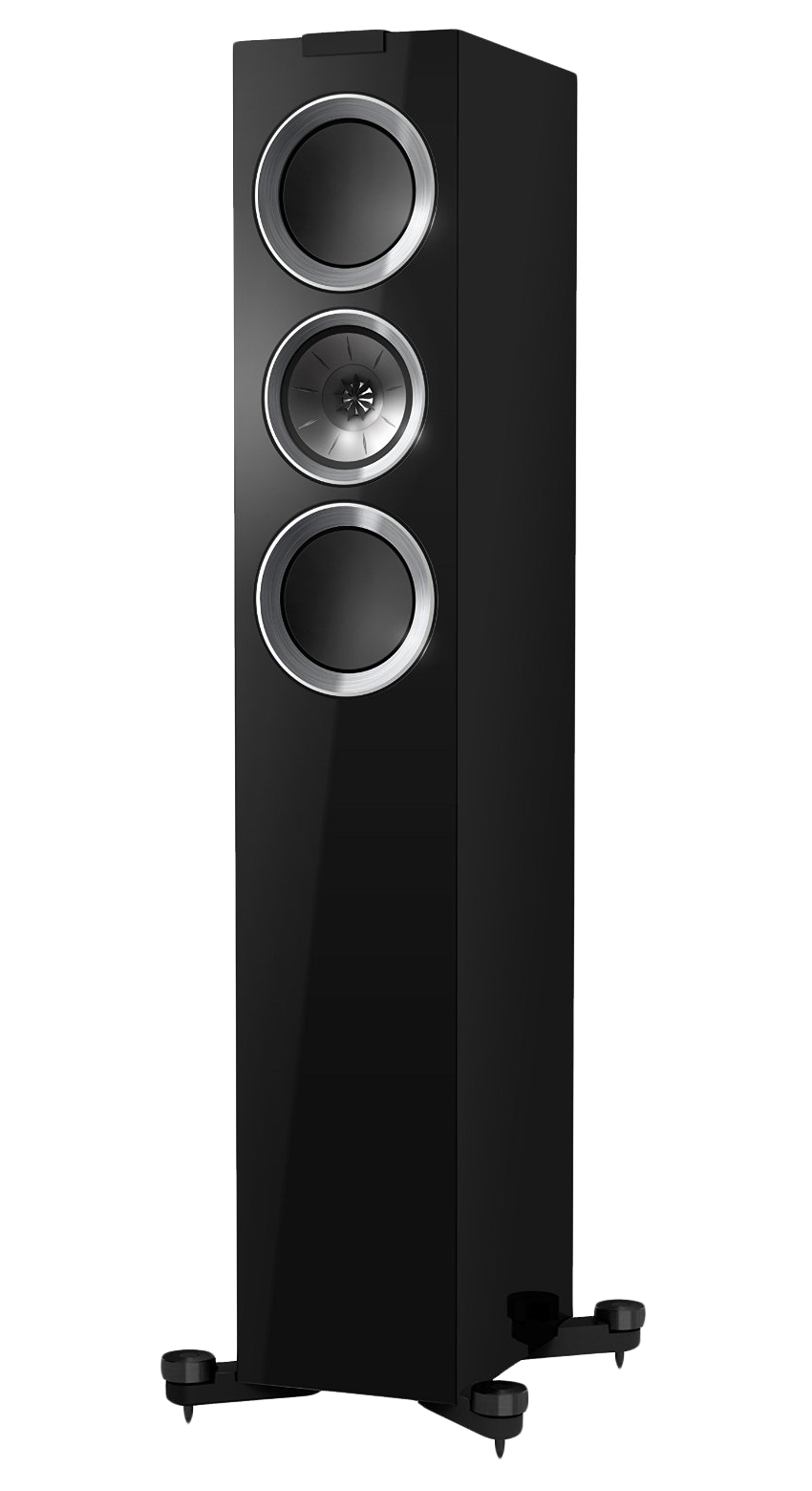 Slim Black Floor Standing Tower Speaker With Three Circular Drivers Transparent PNG Clipart