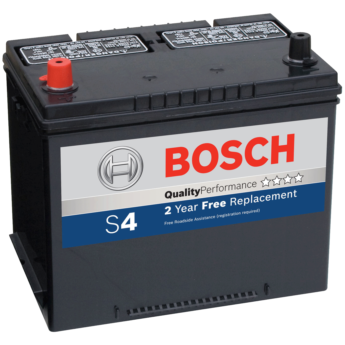 Black Bosch S4 Automotive Battery With Silver And Blue Front Label Isolated Battery PNG Image