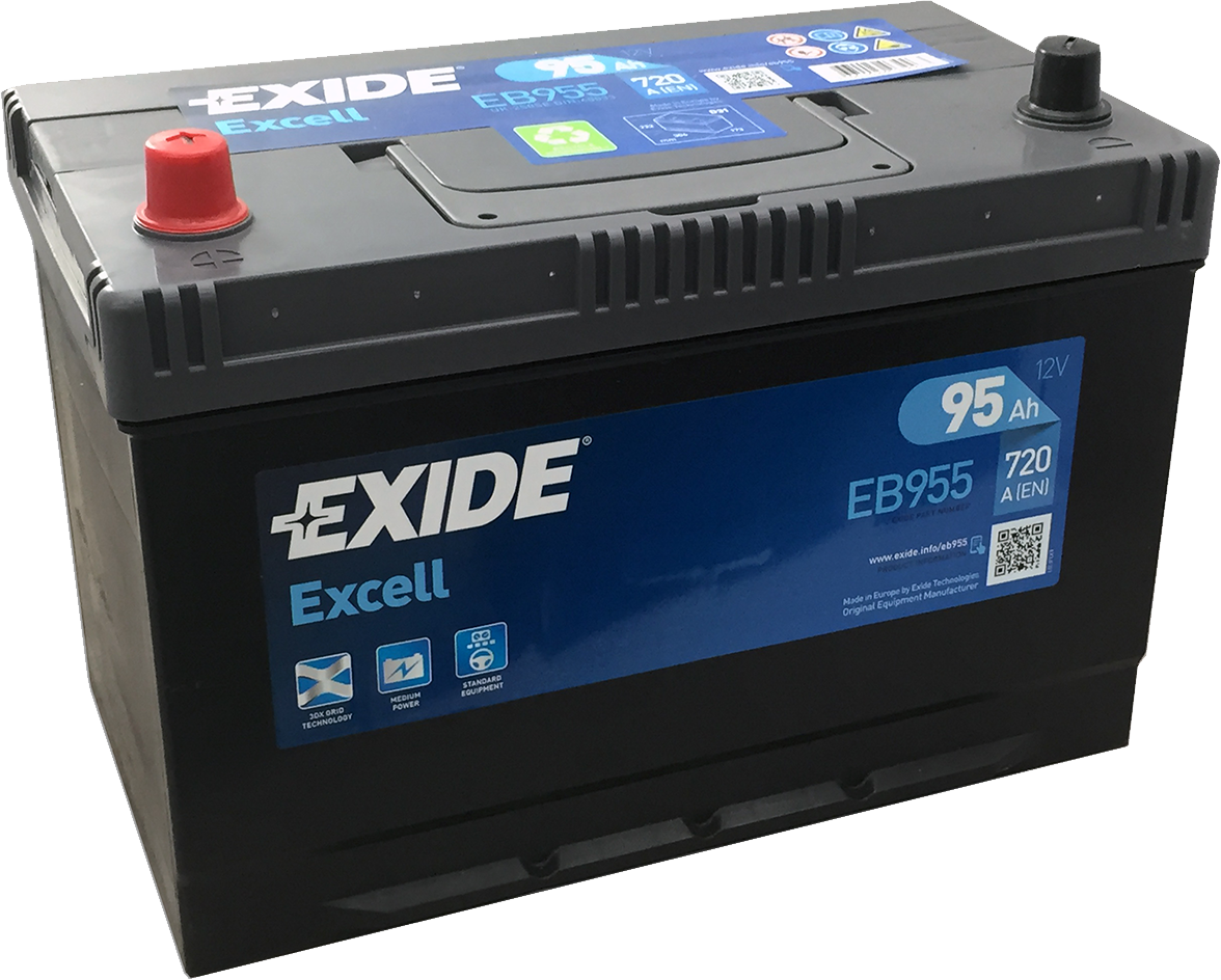 Black Exide Excel Car Battery With Blue Front Label And Handles Automotive Battery Transparent PNG