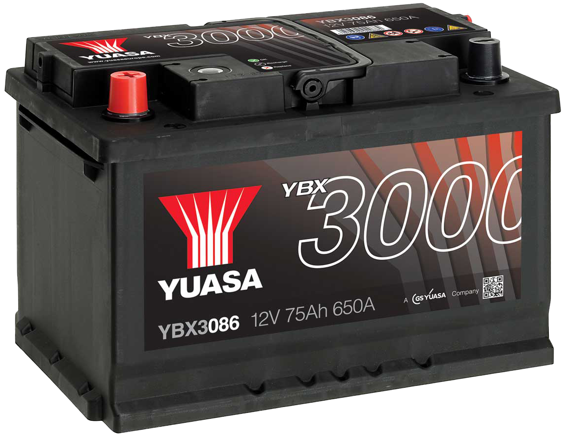 Black Yuasa YBX Automotive Battery With Red And White Logo Car Battery PNG Graphic