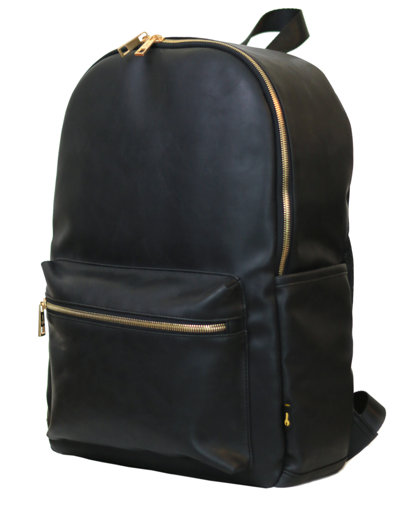 Black Backpack With Brown Leather Trim And Front Zipper Pocket Isolated Transparent PNG Image