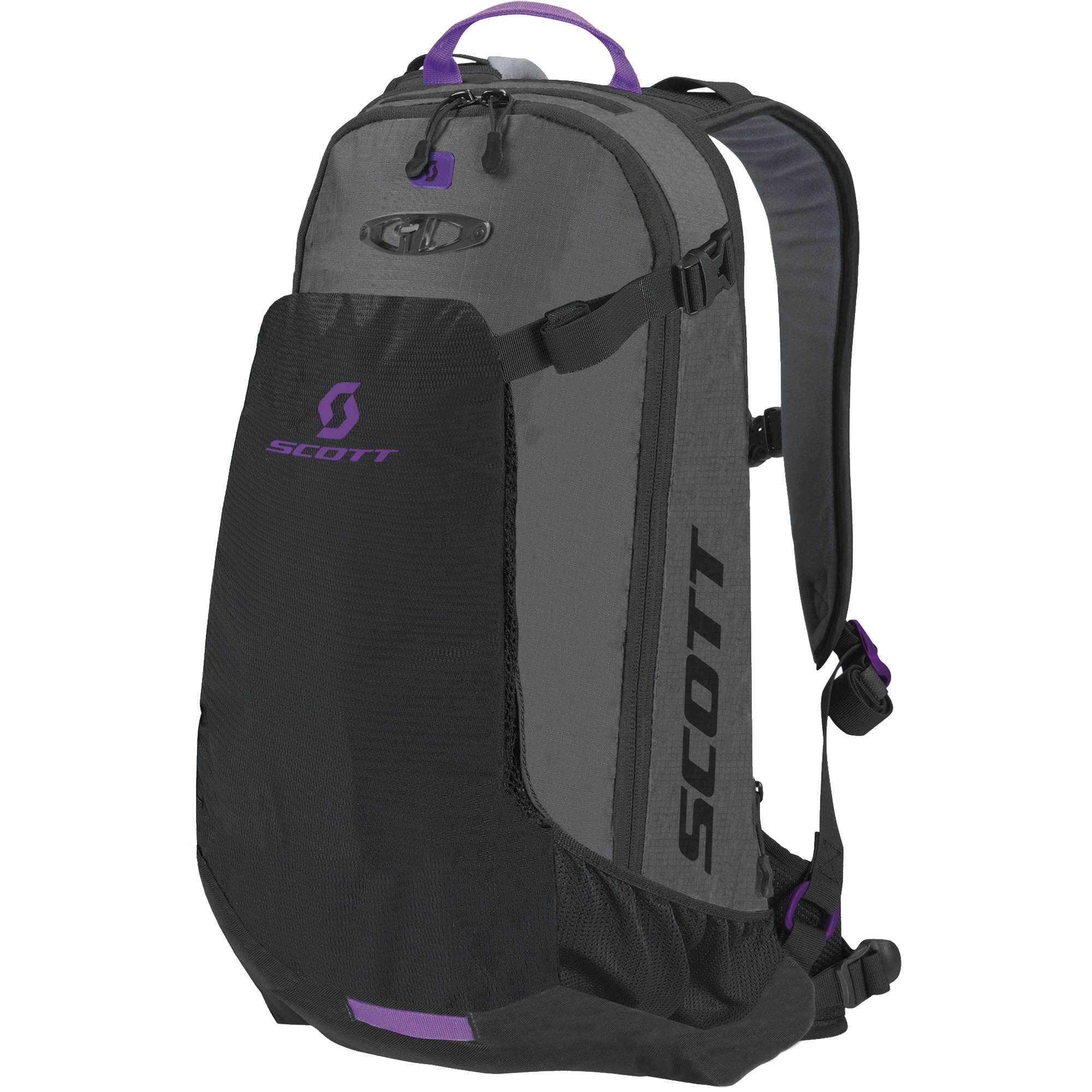 Gray And Black Outdoor Backpack With Purple Logo And Front Zippers Isolated Backpack PNG Image