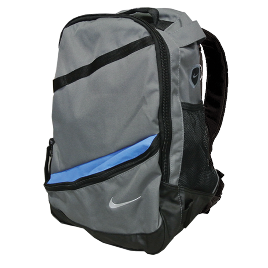 Gray Travel Backpack With Black Trim And Blue Front Zipper Panel Backpack PNG Illustration