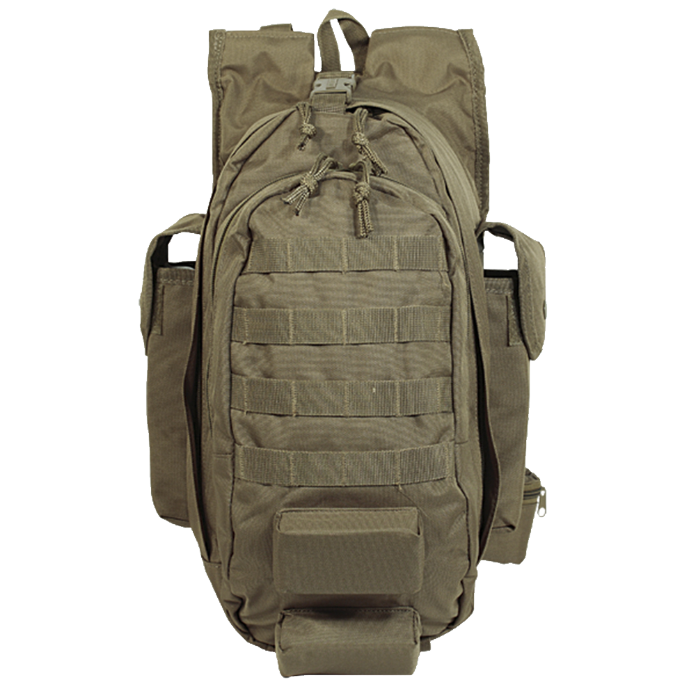 Khaki Military Rucksack With Front Utility Pockets And Shoulder Harness Isolated Backpack PNG Image