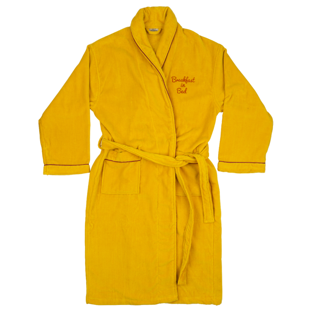 Bright Yellow Cotton Bathrobe With Long Sleeves And Matching Waist Sash Spa Robe PNG Graphic