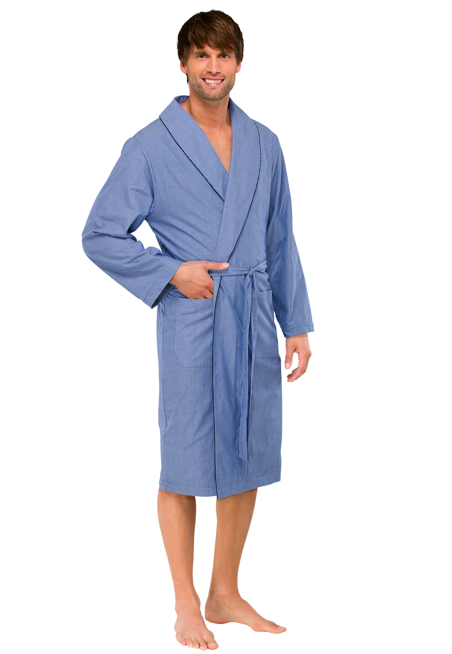 Man Modeling A Blue Knee Length Bathrobe With Waist Belt Comfort Apparel Transparent PNG