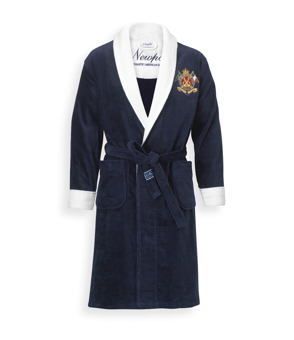 Navy Blue Bathrobe With White Trim And Decorative Gold Crest Bathrobe PNG Illustration