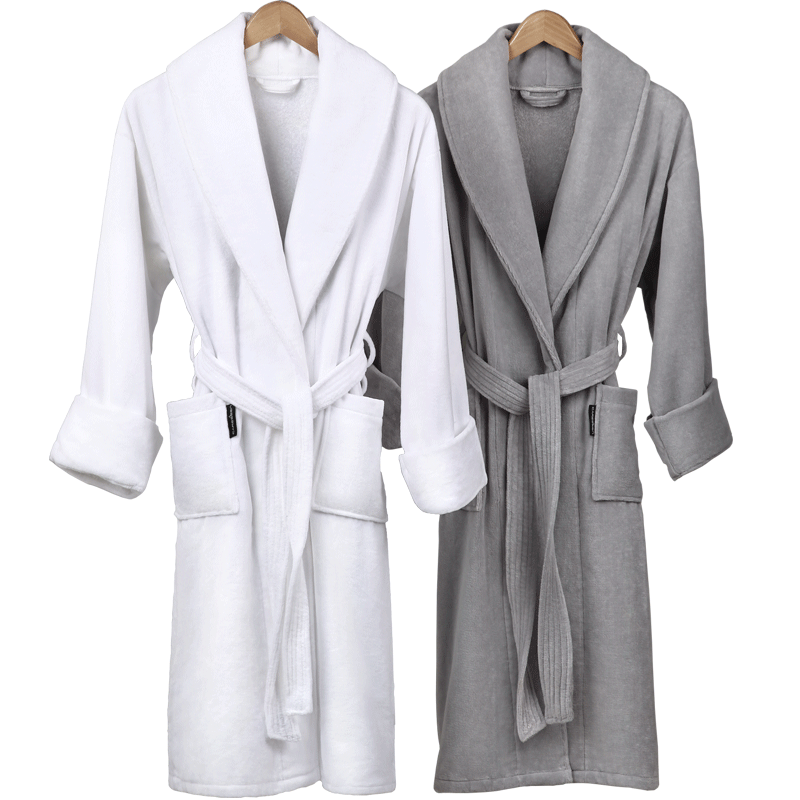 Pair Of White And Gray Spa Bathrobes Displayed On Hangers Spa Robe PNG Graphic