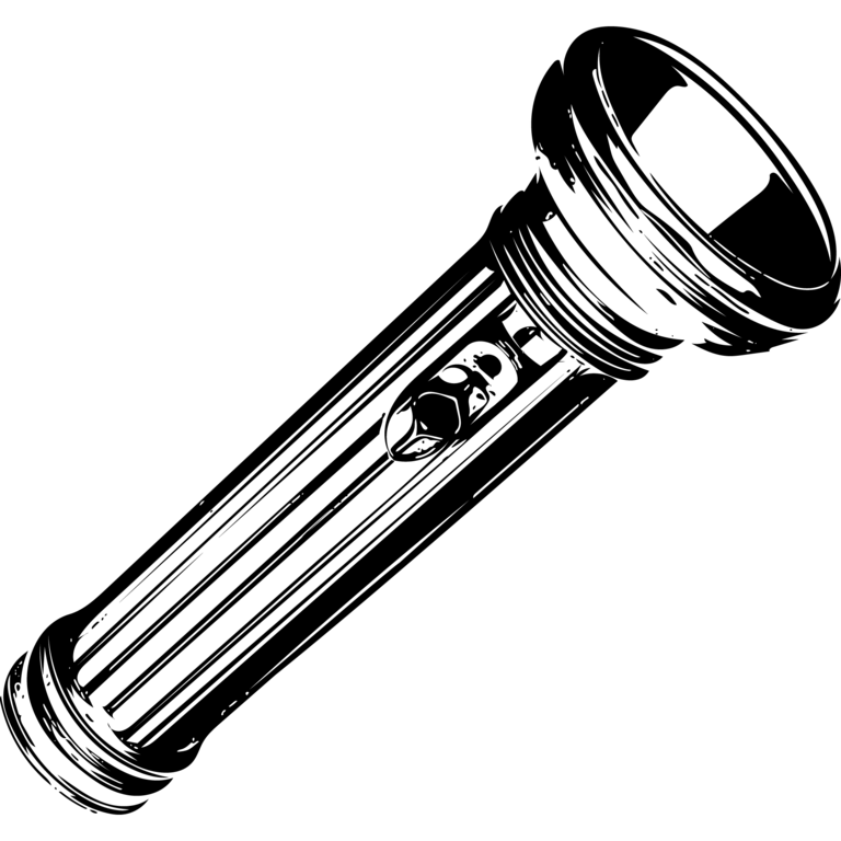 Black And White Flashlight Icon With Long Cylindrical Battery Body Isolated Battery PNG Image