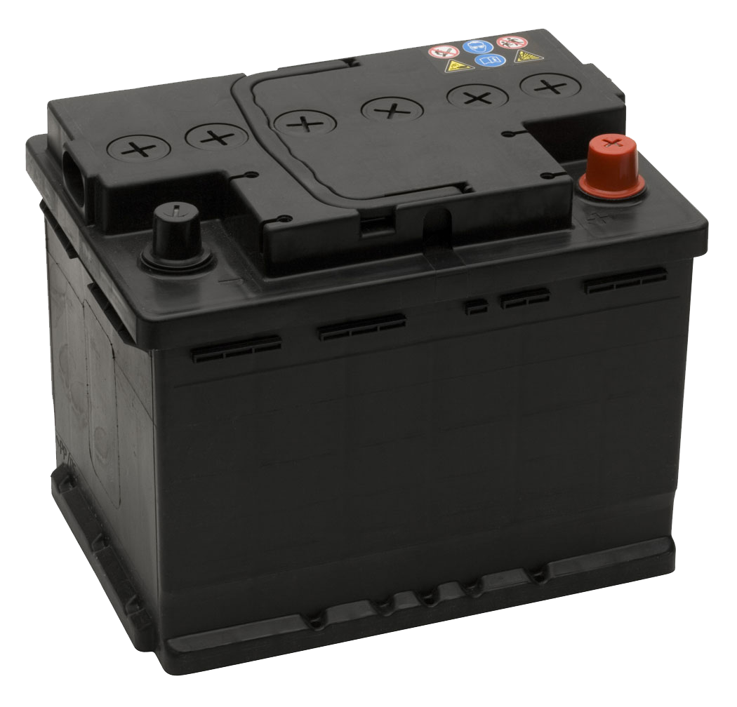 Plain Black Automotive Battery With Red Positive Terminal And Blue Cap Isolated Battery PNG Image