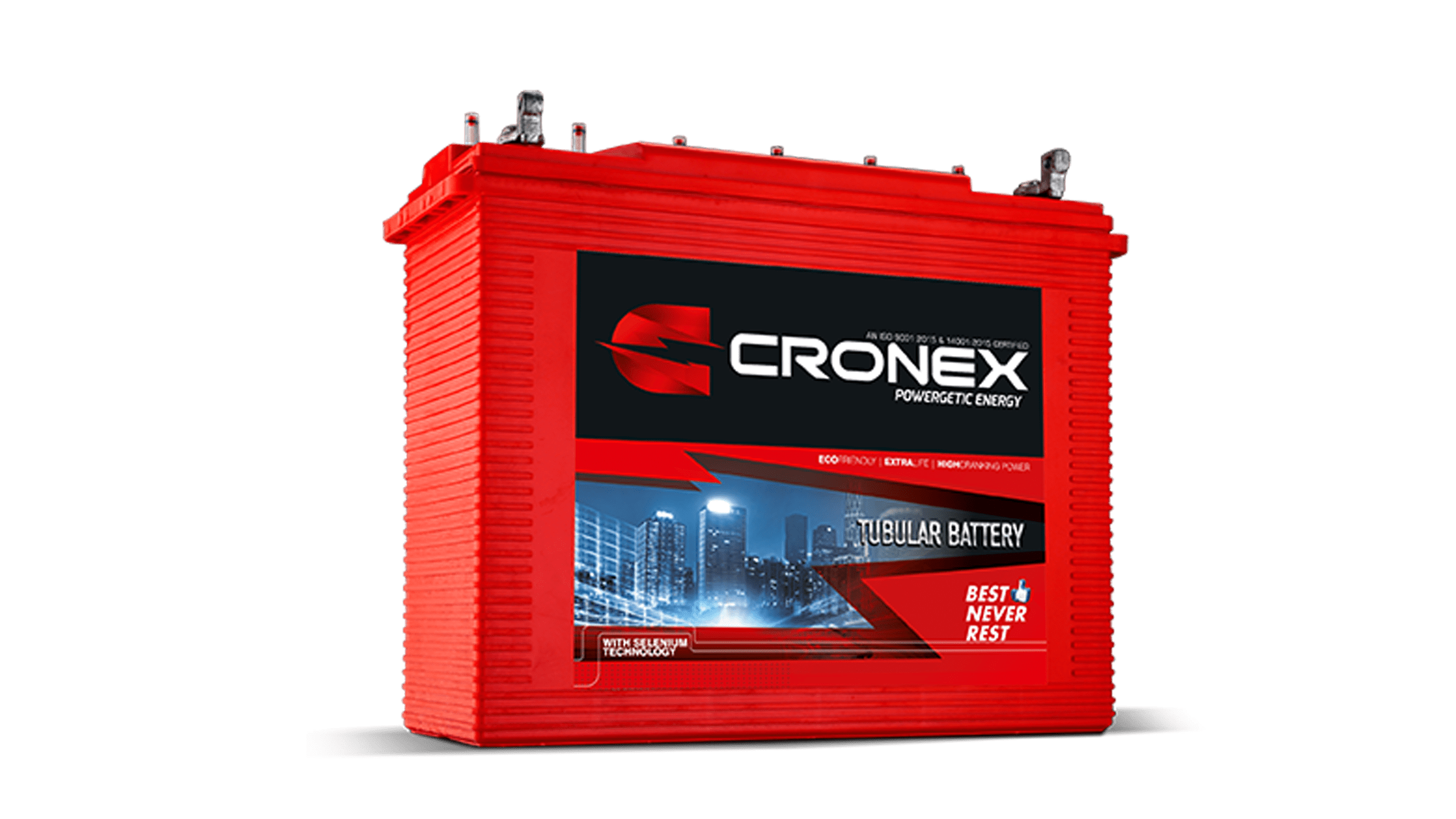 Red Cronex Automotive Battery With Black Top And Front Brand Label Transparent Background PNG Image
