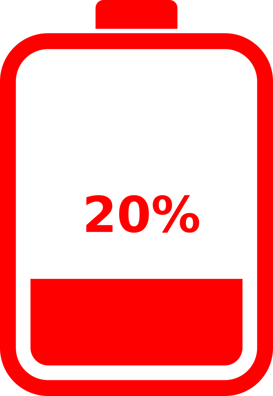 Red Low Battery Status Icon Showing Twenty Percent Charge Automotive Battery PNG Graphic