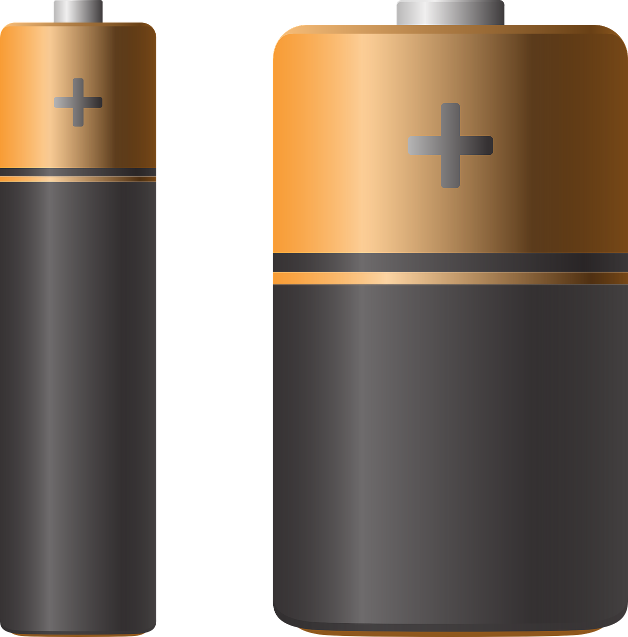 Pair Of Copper And Gray D Cell Batteries With Plus And Minus Markings Battery PNG Illustration