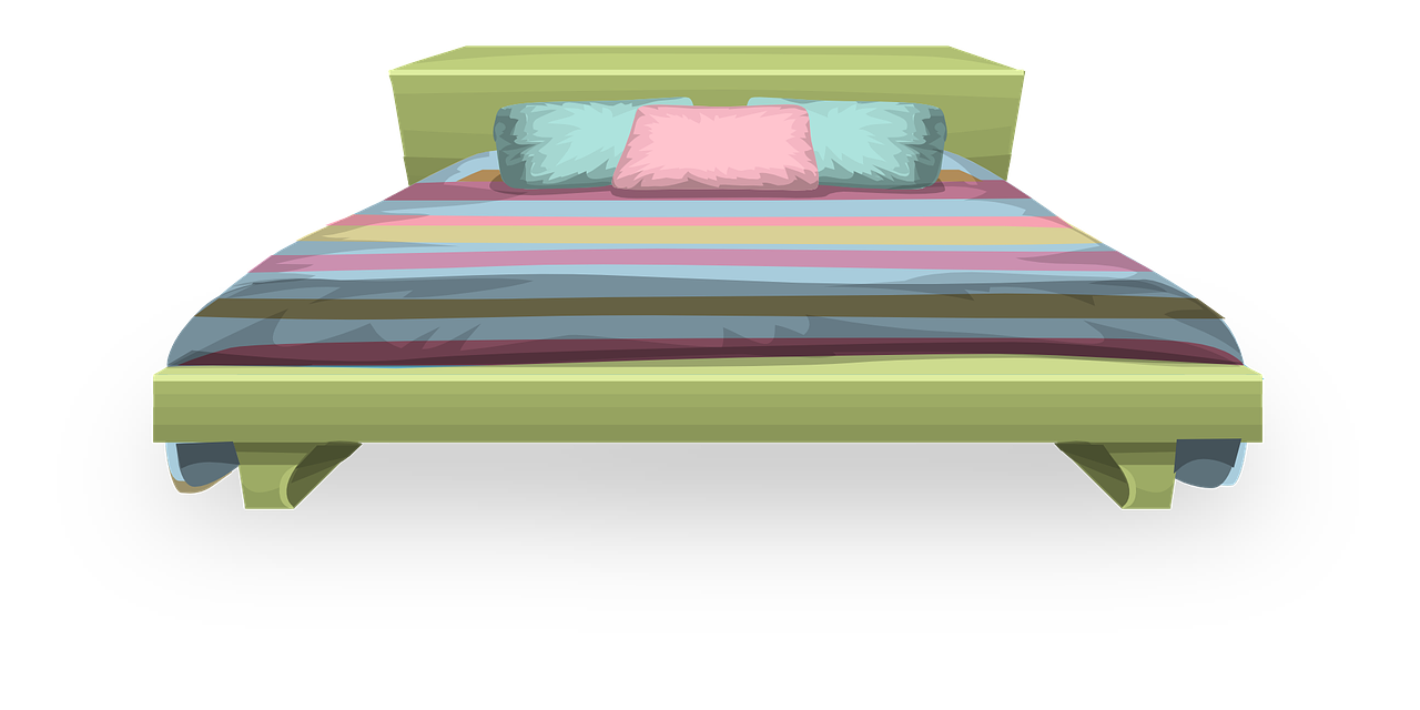 Colorful Bedroom Bed Illustration With Striped Blanket And Soft Pillows Blanket PNG Illustration