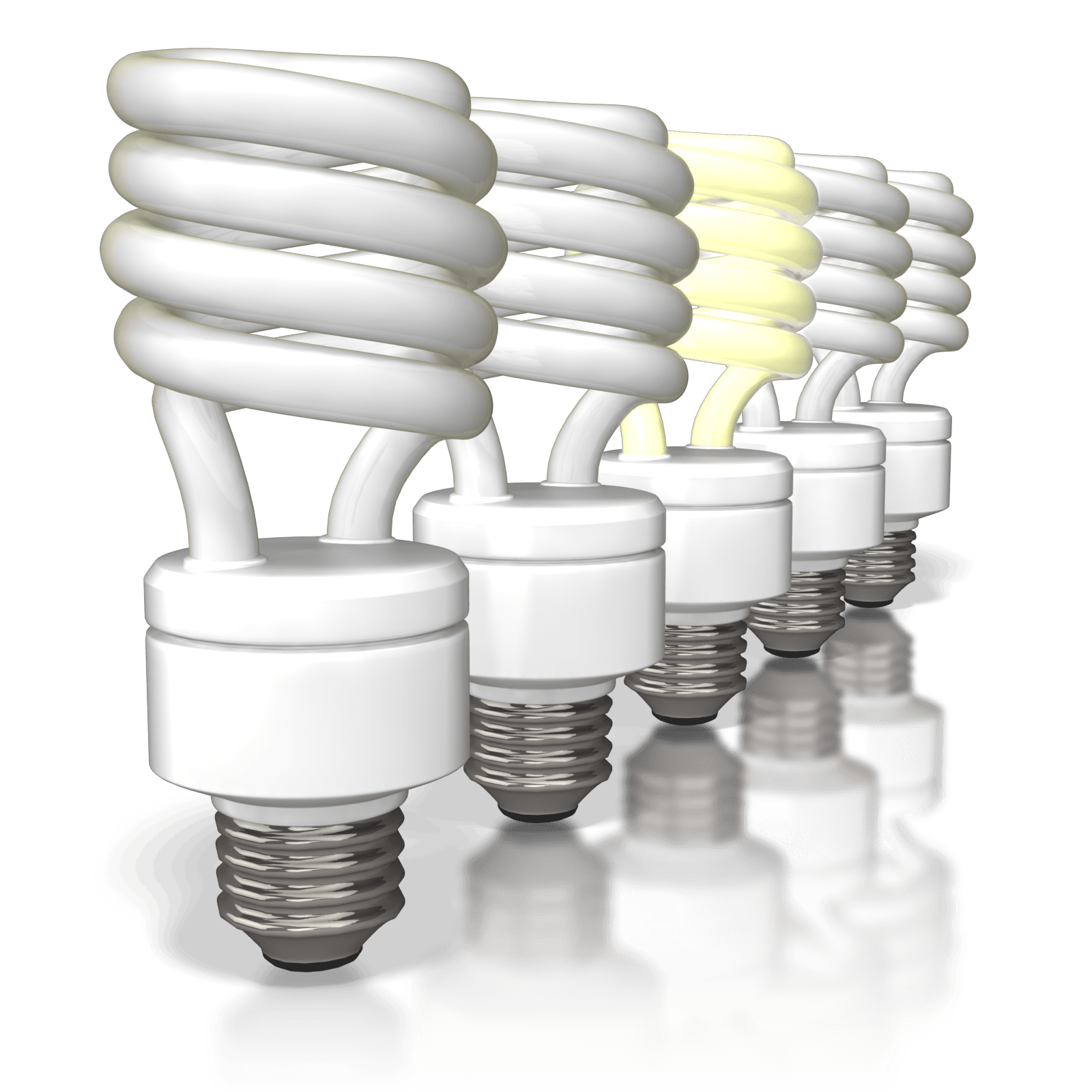 Collection Of White Compact Fluorescent Bulbs And Screw Base Parts Light Bulb PNG Illustration