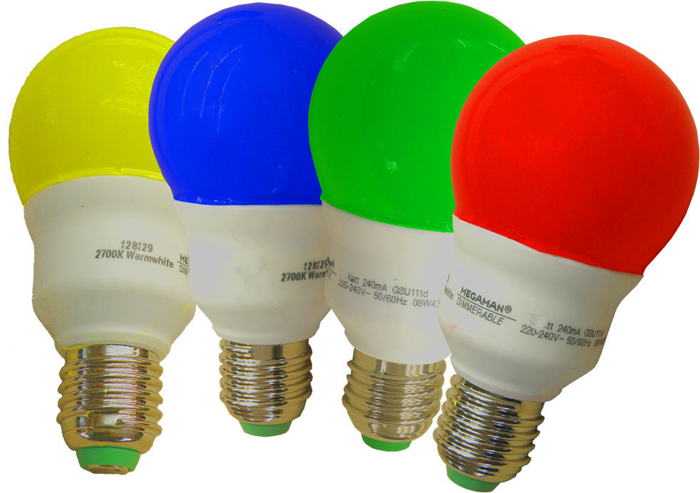 Colorful Set Of Red Green Blue And Yellow LED Light Bulbs Transparent Background PNG Image