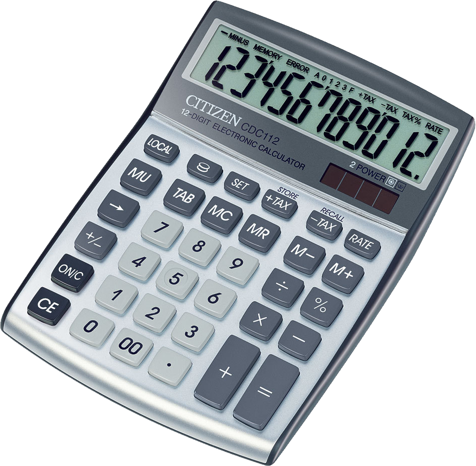 Angled Gray Scientific Calculator With Multi Digit LCD And Function Buttons Transparent Background PNG Image