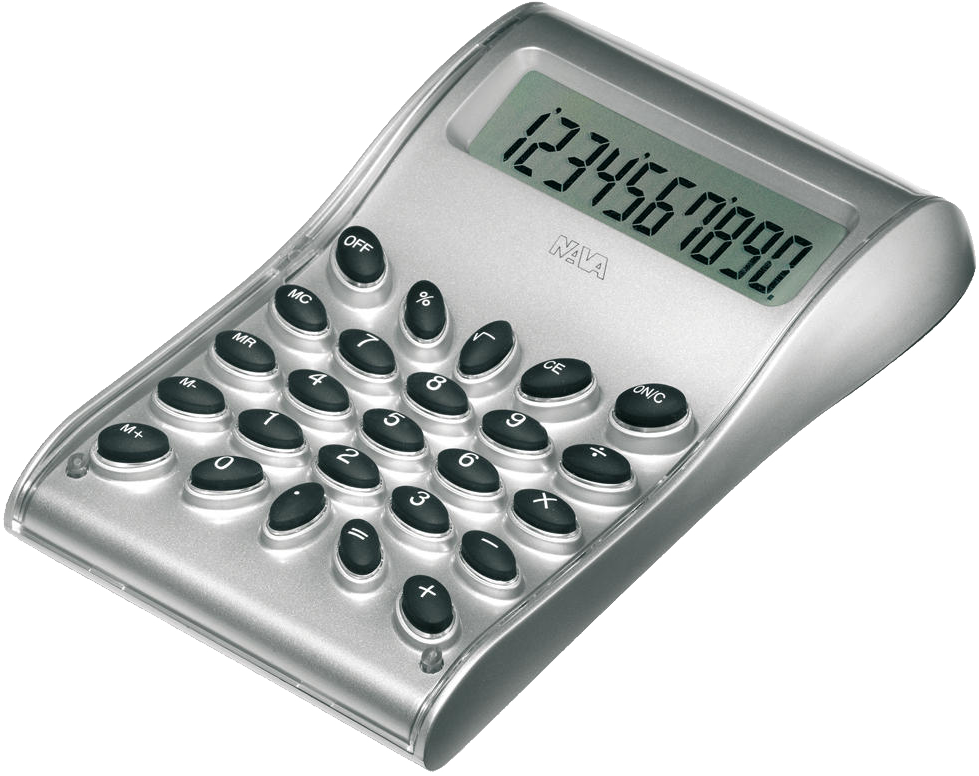Angled Silver Office Calculator With Large Round Number Buttons Calculator PNG Illustration