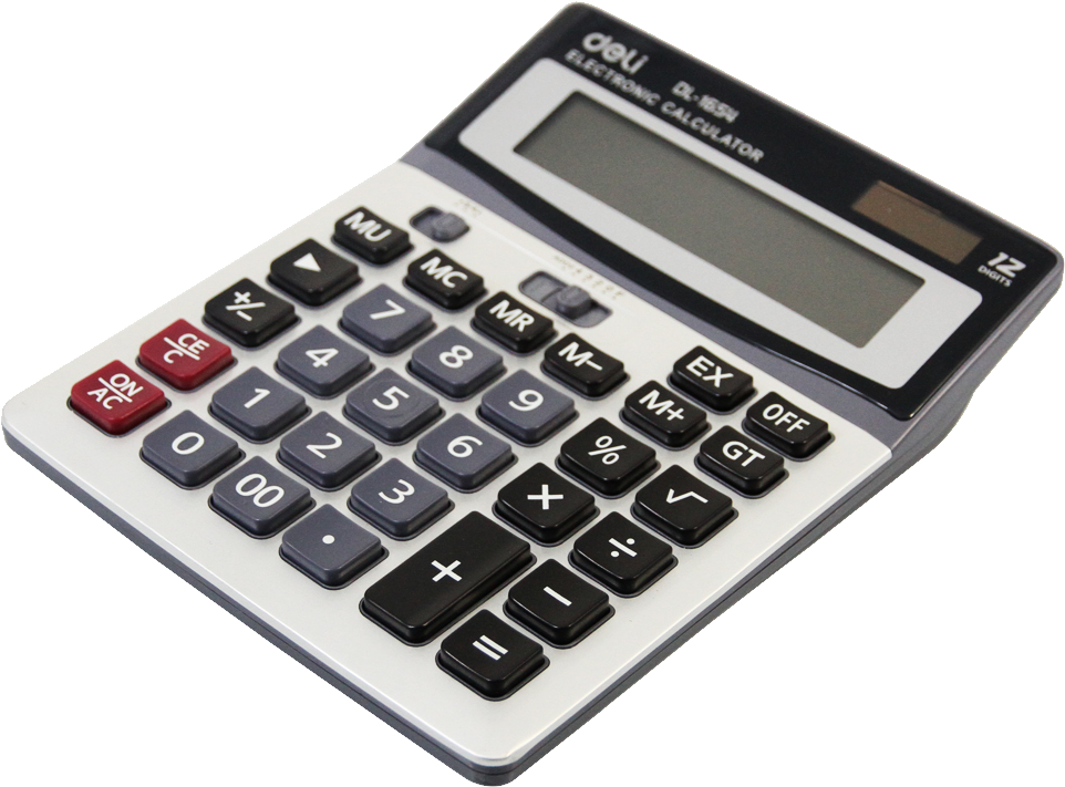 Black Desktop Office Calculator With Red Function Keys And LCD Calculator PNG Illustration