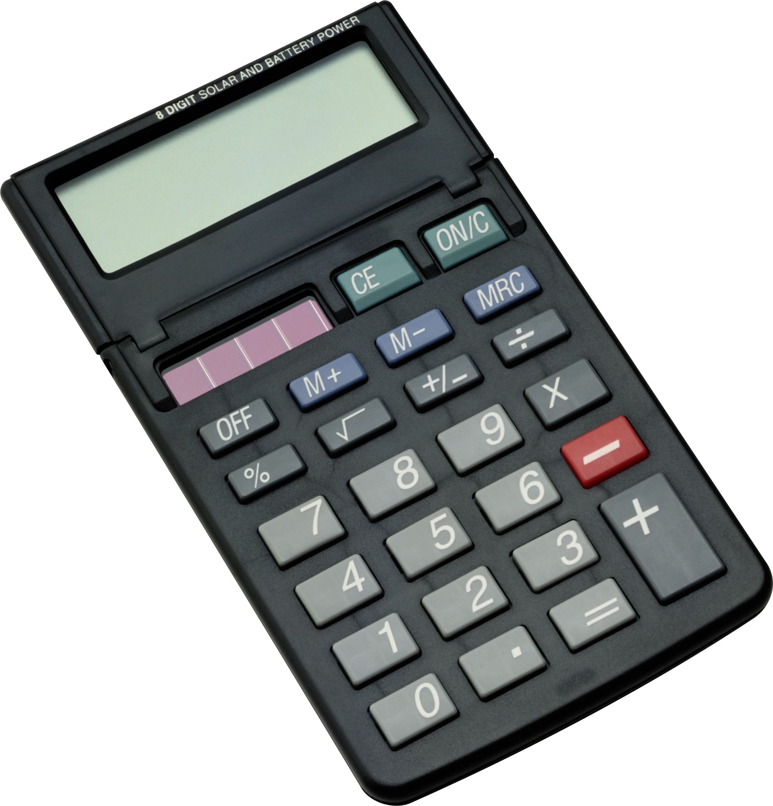 Black Financial Calculator With Angled Display And Colorful Button Rows Office Calculator PNG Graphic
