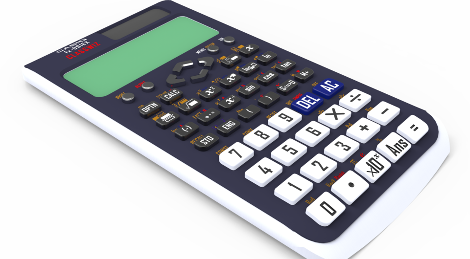 Blue And Black Desktop Calculator With Long Green Display And White Keys Isolated Calculator PNG Image