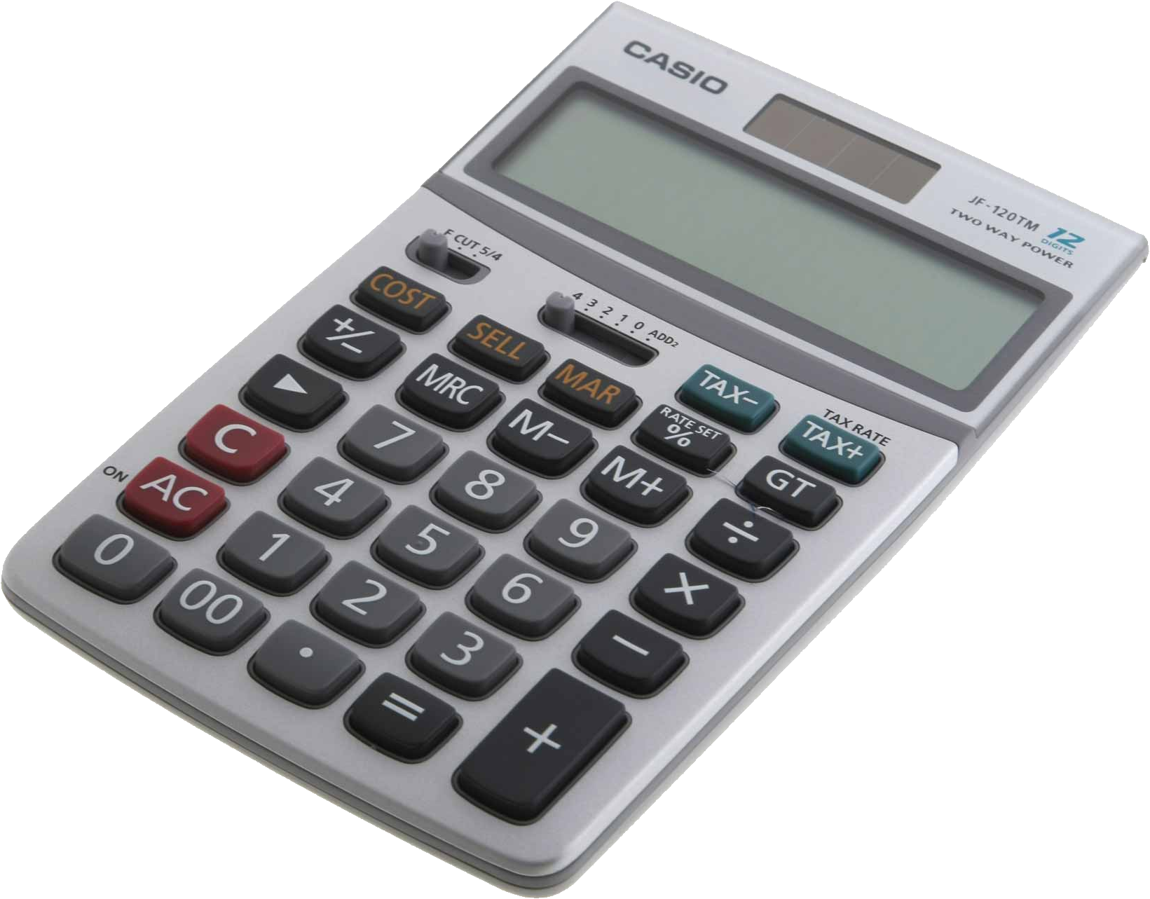 Gray Office Calculator With Wide LCD And Black Numeric Keypad Isolated Calculator PNG Image