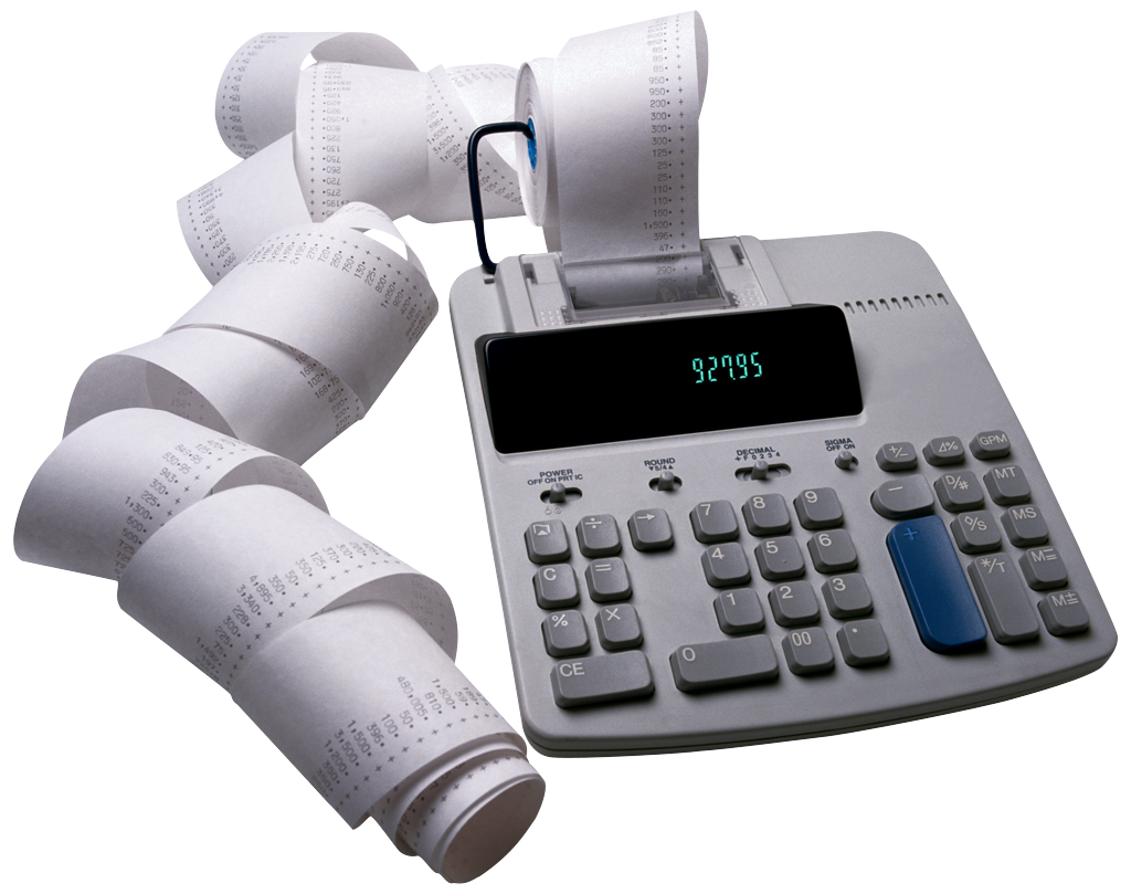 White Desktop Printing Calculator With Paper Roll And Large Display Office Calculator PNG Graphic