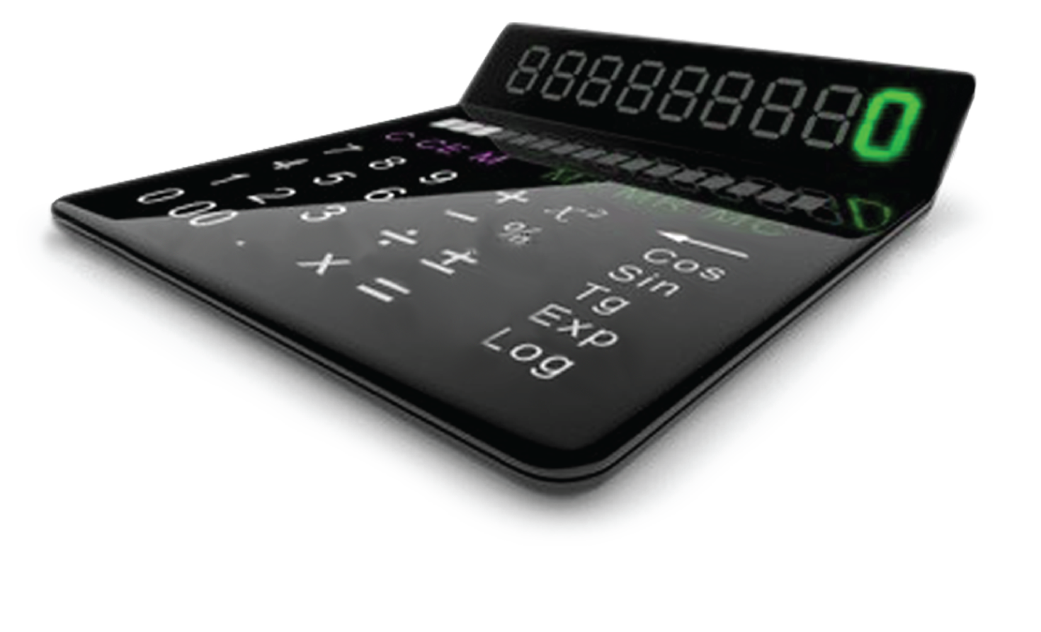 Slim Black Desktop Calculator With Long Green Digital Display Isolated Calculator PNG Image