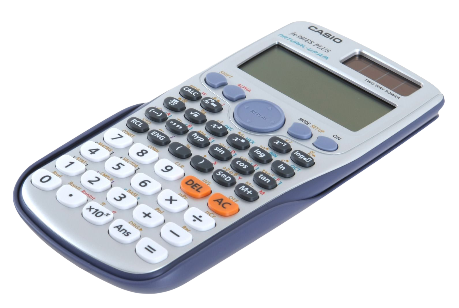 White Blue Desktop Calculator With Large Green Screen And Orange Keys Transparent PNG Clipart