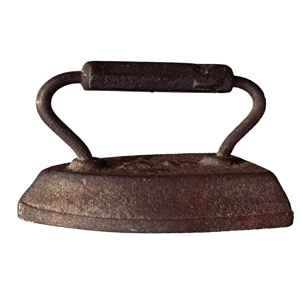 Antique Brown Cast Iron Flatiron With Wooden Grip Isolated On Transparent Background PNG