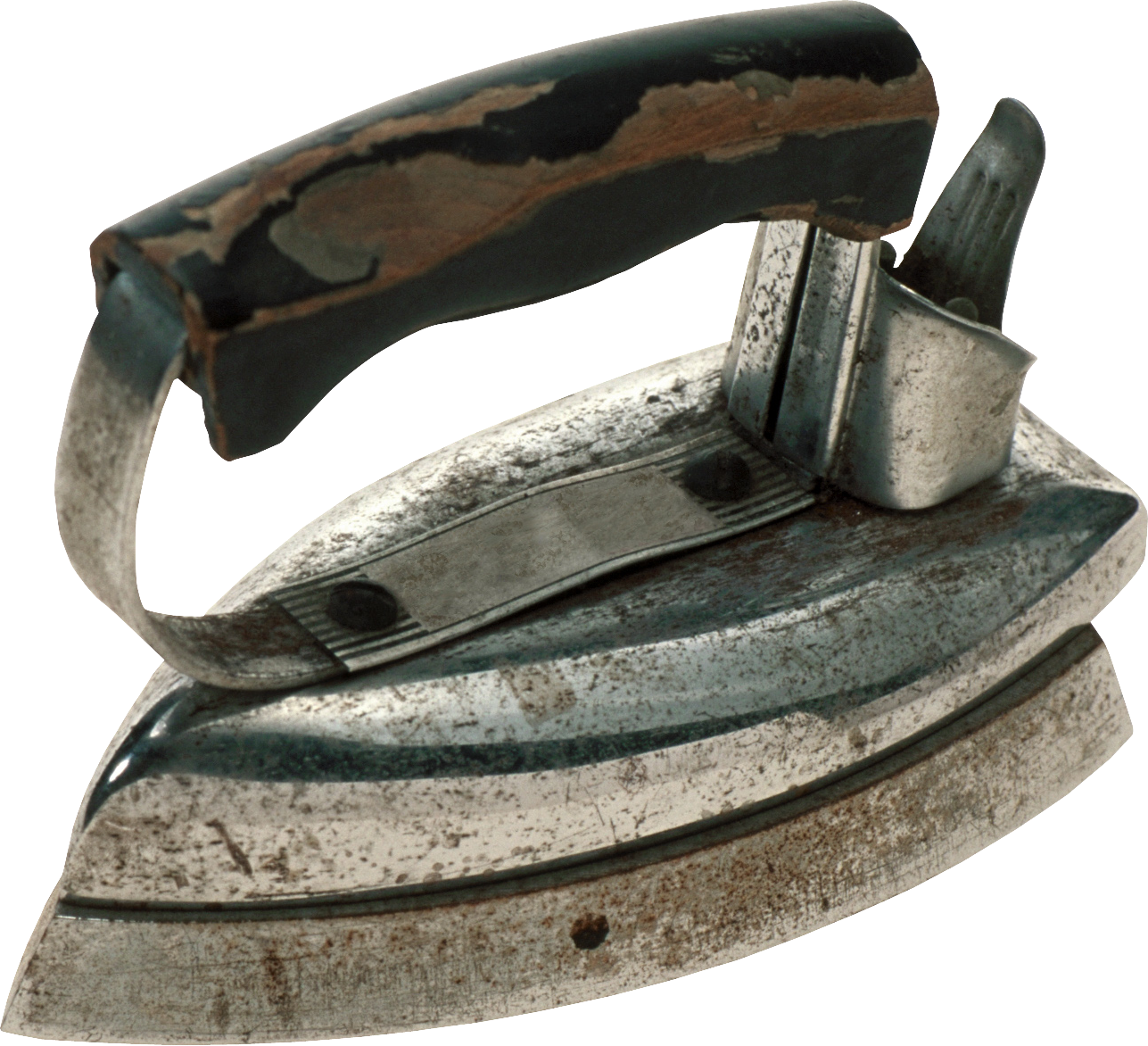 Antique Rusted Cast Iron Flatiron With Wooden Handle Isolated On Transparent Background PNG