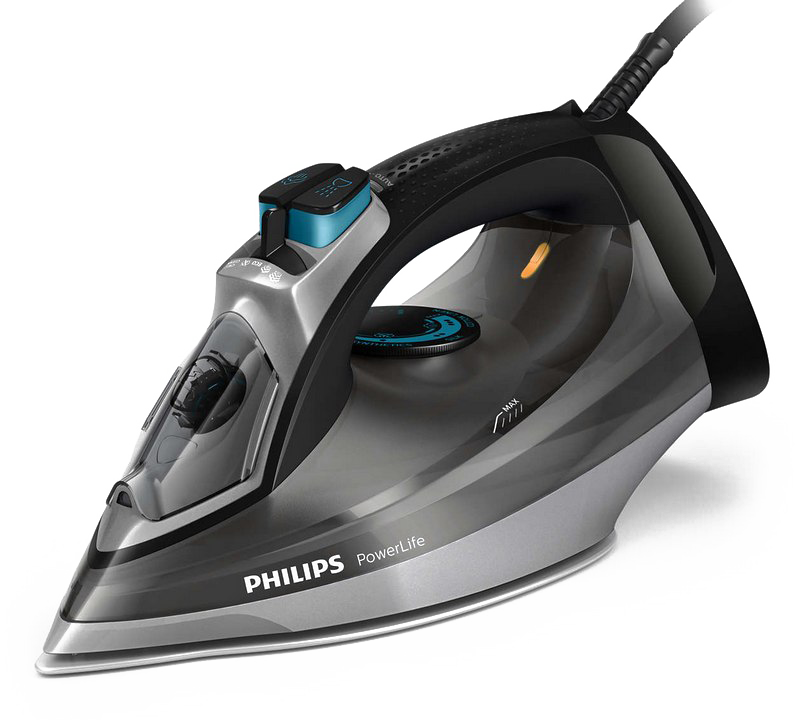 Black And Graphite Steam Iron With Blue Control Dial Printable PNG Image With Transparent Background